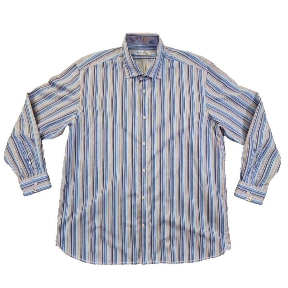 Brandolini Dress Shirt Men's XXL Blue‎ Orange Stripe Long Sleeve Textured EUC